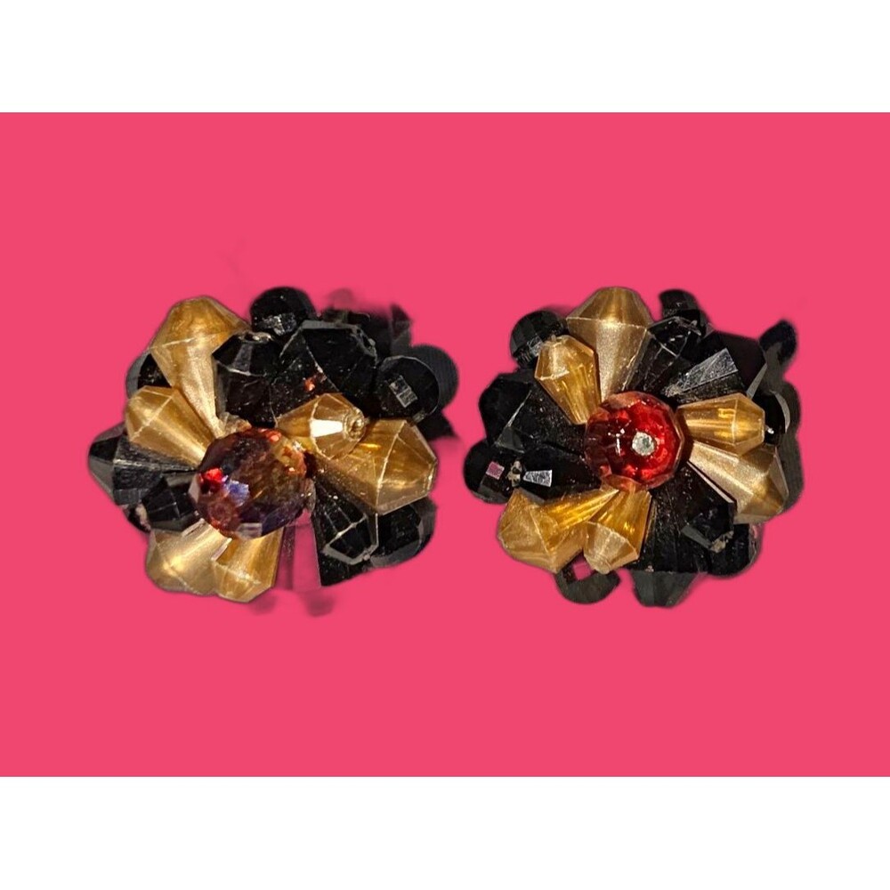 Vintage West Germany Clip On Earrings Black Amber Glass Bead Flower Cluster
